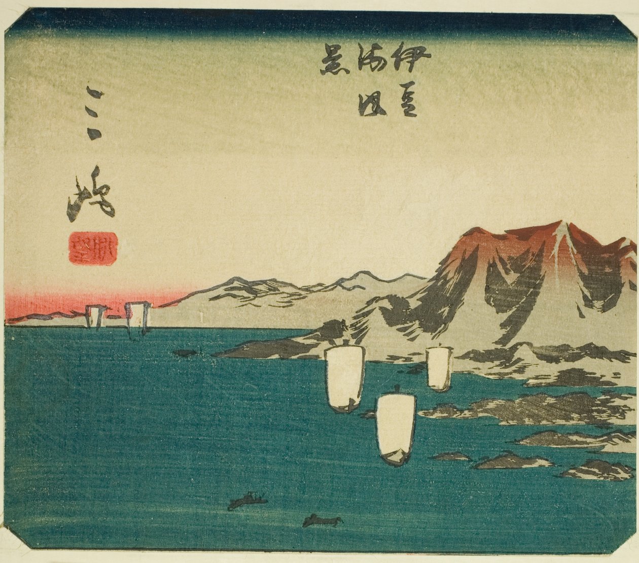 Mishima, sektion af ark nr. 3 fra serien "Cutout Pictures of the Tokaido (Tokaido harimaze zue)" af Utagawa Hiroshige