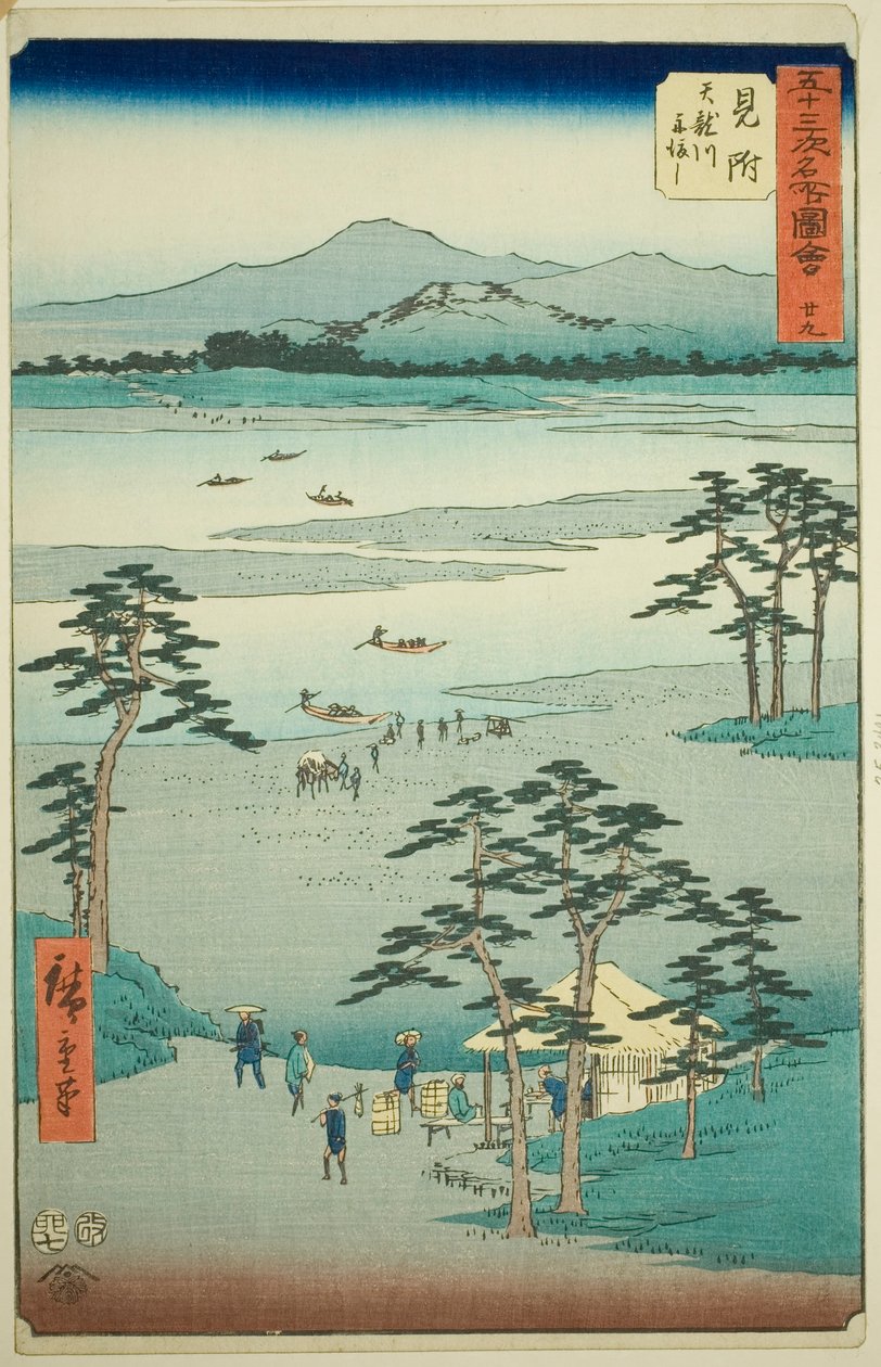 Mitsuke: Færge på Tenryu-floden (Mitsuke, Tenryugawa funewatashi), nr. 29 fra serien "Famous Sights of the Fifty-tre Stations (Gojusan tsugi meisho zue)," også kendt som den vertikale tokaido af Utagawa Hiroshige