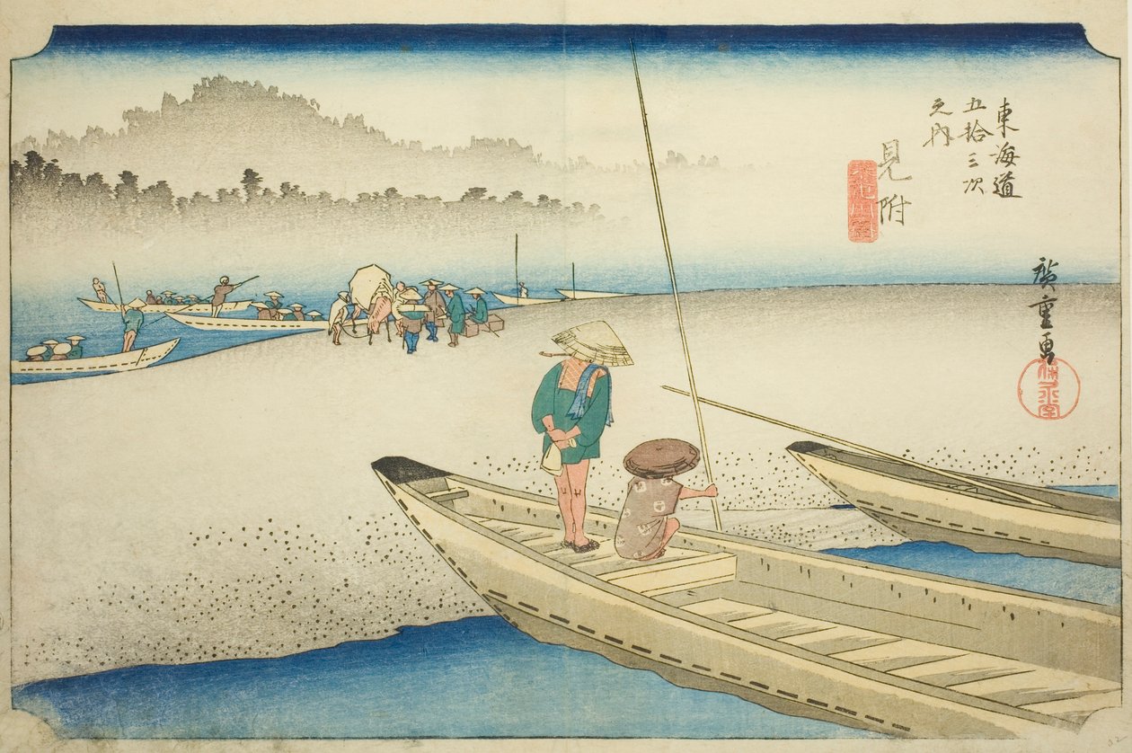 Mitsuke: Tenryu River View (Mitsuke, Tenryugawa zu), fra serien "Fifty-three Stations of the Tokaido (Tokaido gojusan tsugi no uchi)," også kendt som Hoeido Tokaido af Utagawa Hiroshige