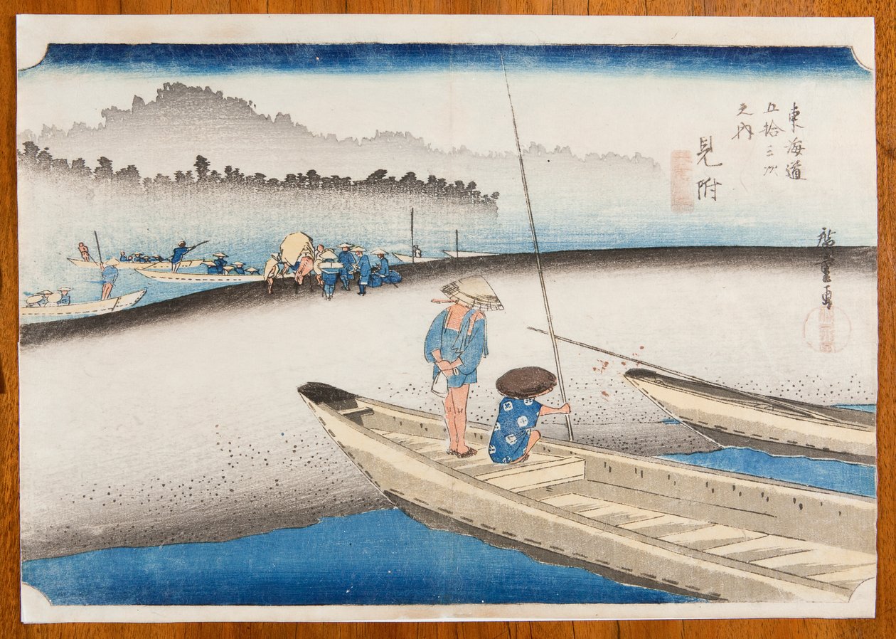 Mitsuke ved Tenryu-gawa-floden i morgentågen / Mitsuke, Tenryu-gawa zu, tavle 29 i serien: De treoghalvtreds etaper på Tokaido-vejen / Tokaido Gojusan tsugi-no uchi af Utagawa Hiroshige