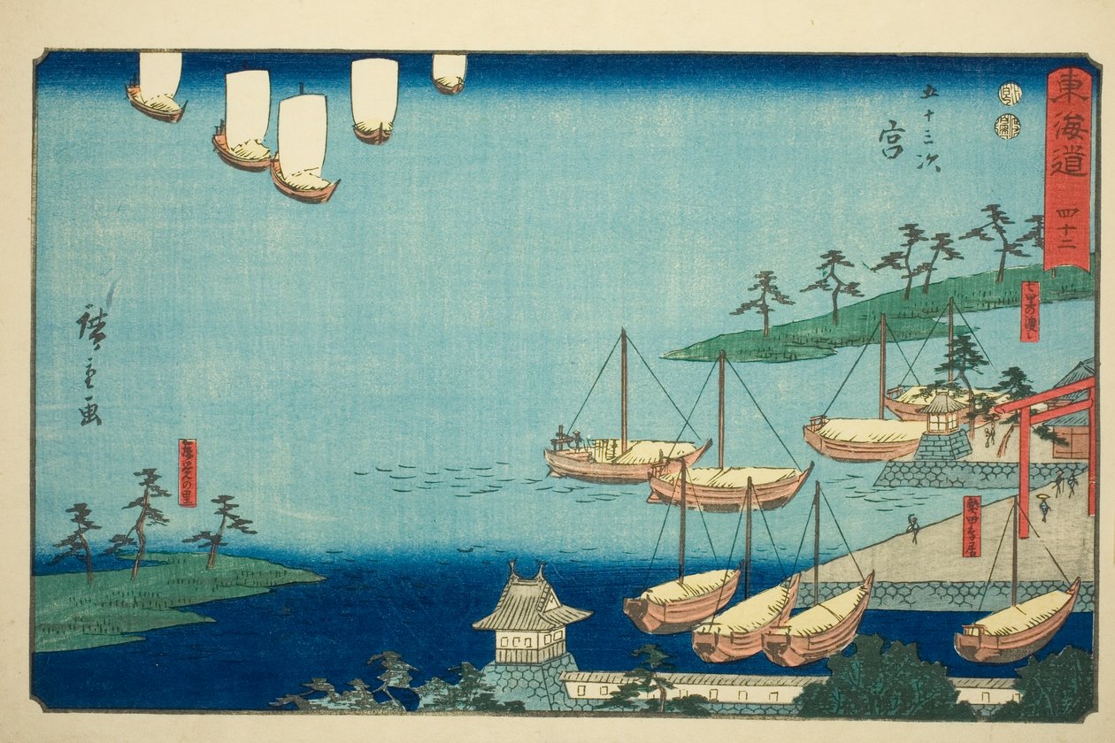 Miya: Shichiri Færgeoverfart, Porten til Atsuta-helligdommen og Nezame Village (Miya, Shichiri no watashi, Atsuta no torii, Nezame no sato)—Nr. 42, fra serien "Fifty-tre Stations of the Tokaido (Tokaido gojusan tsugi) )," også kendt som Reisho Tokaid af Utagawa Hiroshige