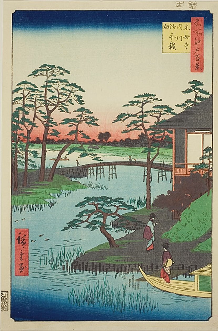 Mokubo Temple, Uchigawa Inlet, Gozensaihata (Mokuboji Uchigawa Gozensaihata), nr. 92 fra serien "One Hundred Famous Views of Edo (Meisho Edo hyakkei)". af Utagawa Hiroshige