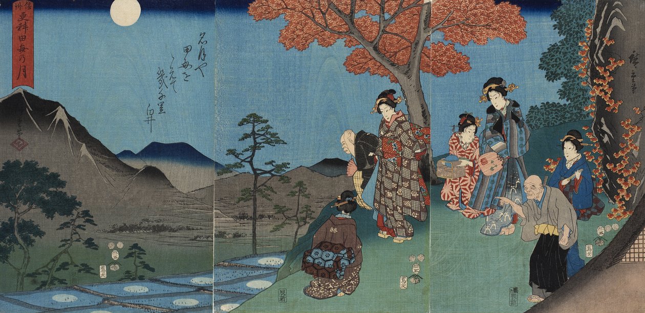 Månen spejlet i rismarkerne ved Sarashina i Shinano-provinsen af Utagawa Hiroshige