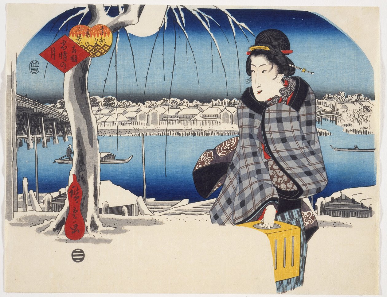 Måne efter sne ved Rygoku fra serien Three Views of Snow at Famous Places in the Eastern Capital, ca. 1840 (træblok i farver) af Utagawa Hiroshige