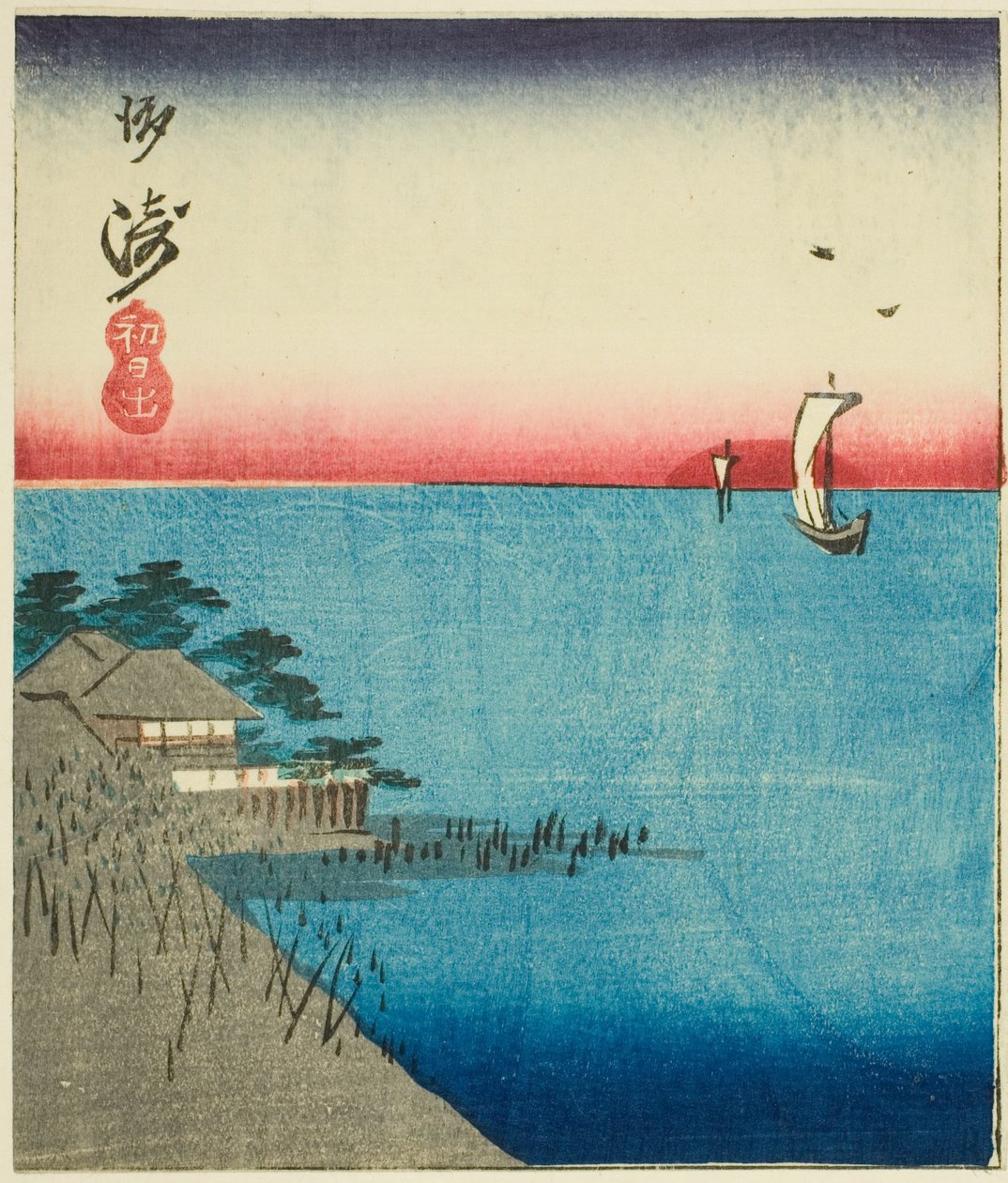 Morning Market at Nihon Bridge (Nihonbashi, asaichi), section of a sheet from the series "Cutouts of Famous Places in Edo (Harimaze Koto meisho)" af Utagawa Hiroshige