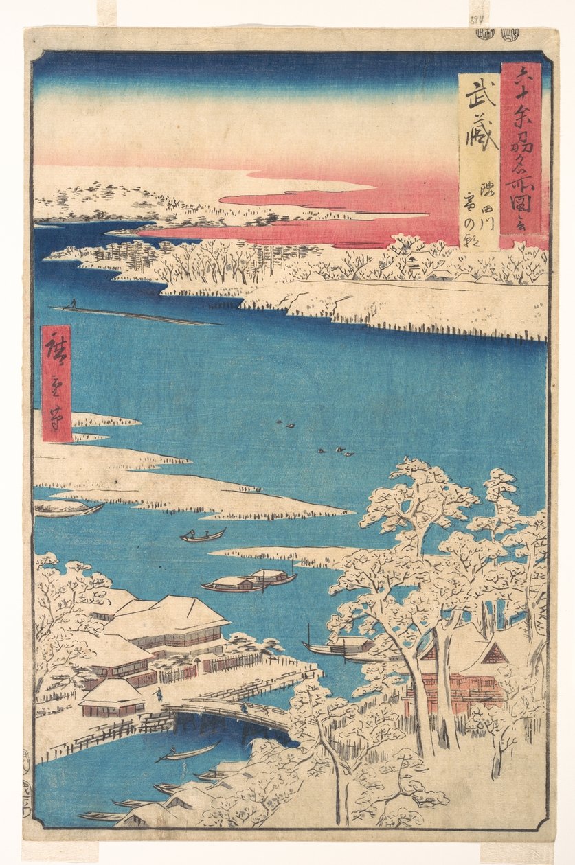 Morgen efter et snefald, Sumida-floden, Musashi-provinsen, fra serien Udsigter over berømte steder i de godt tres provinser af Utagawa Hiroshige
