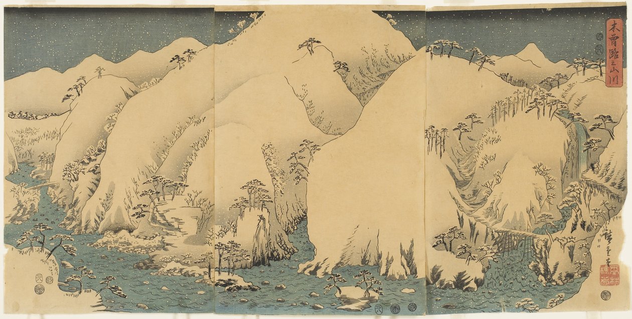 Bjerg og flod ved Kiso-passet, august 1857 af Utagawa Hiroshige
