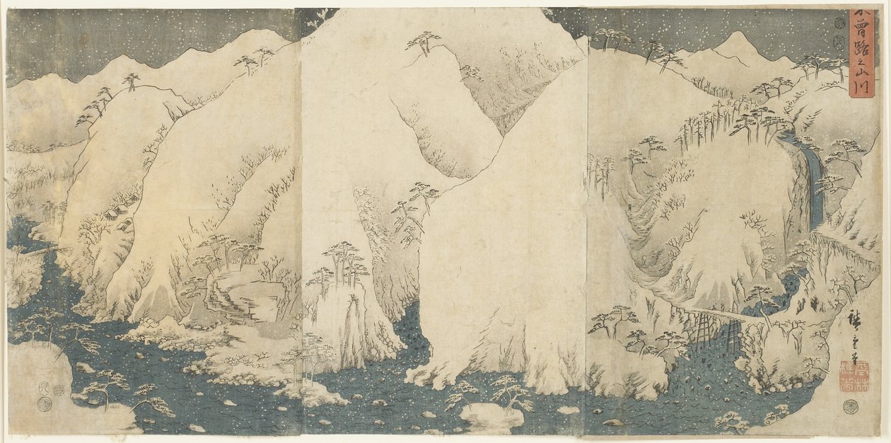 Bjerg og flod ved Kiso Pass, august 1857 af Utagawa Hiroshige
