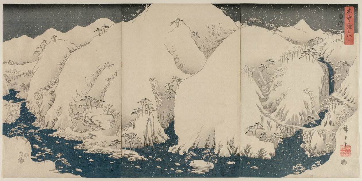Bjerge og floder langs Kiso-vejen af Utagawa Hiroshige