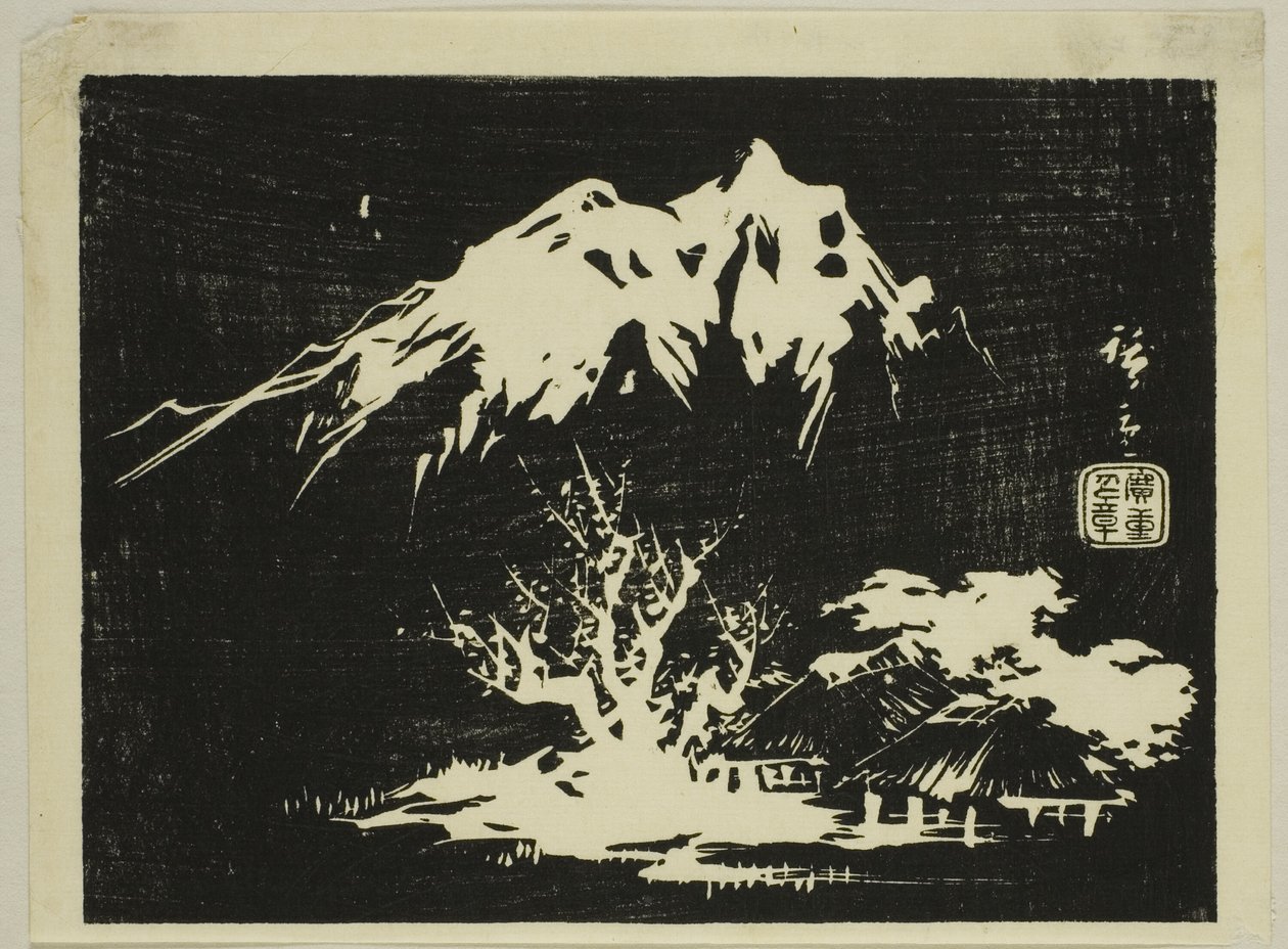 Bjerglandskab, udsnit af et unavngivet harimaze-tryk af Utagawa Hiroshige