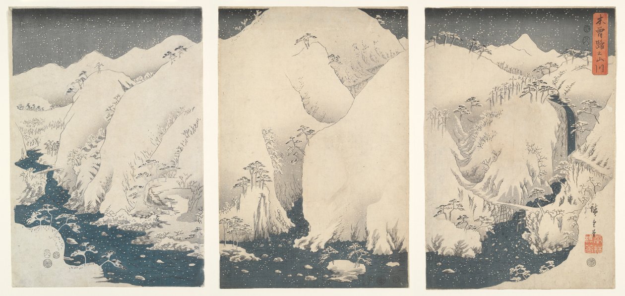 Bjerge og floder langs Kiso Highway under sne af Utagawa Hiroshige