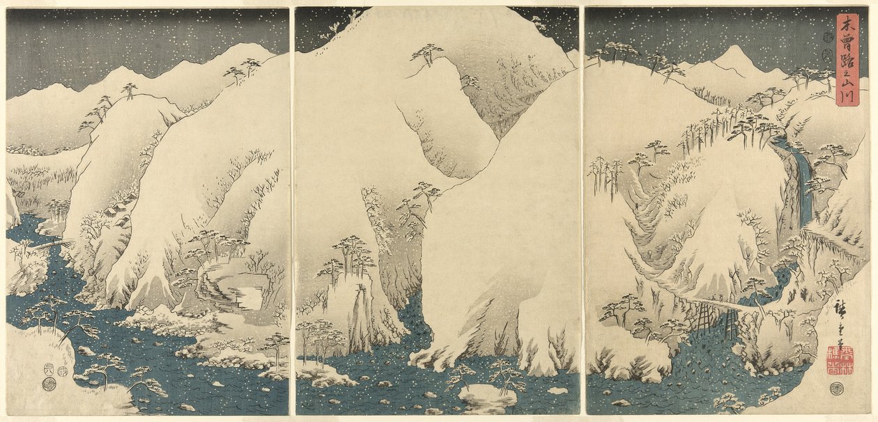 Bjerge og floder på Kiso-vejen (Kisoji no yamakawa), fra en unavngiven serie af triptykoner af Utagawa Hiroshige