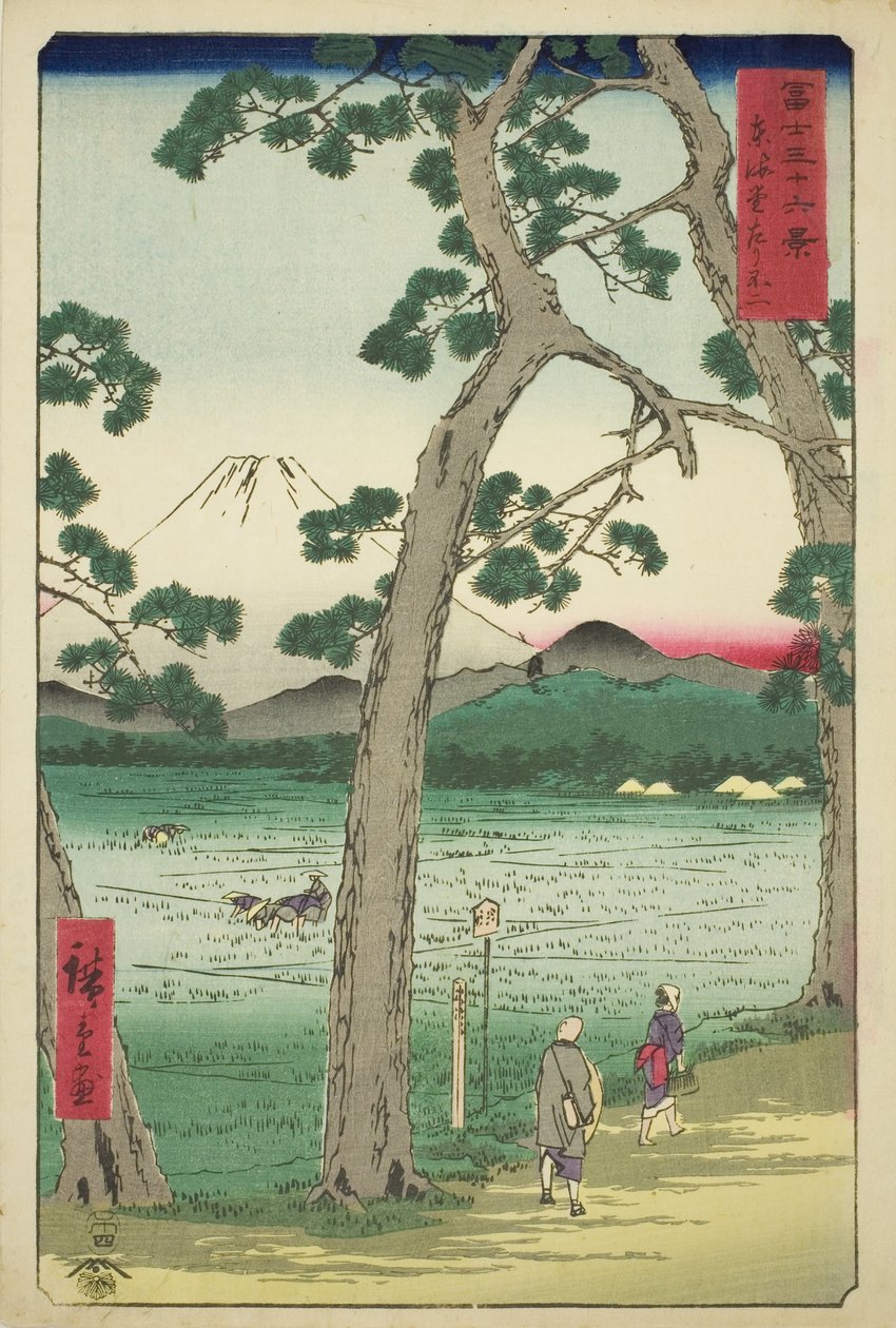Mout Fuji set fra venstre på Tokaido (Tokaido hidari Fuji), fra serien "Seksogtredive udsigter over Mount Fuji (Fuji sanjurokkei)" af Utagawa Hiroshige
