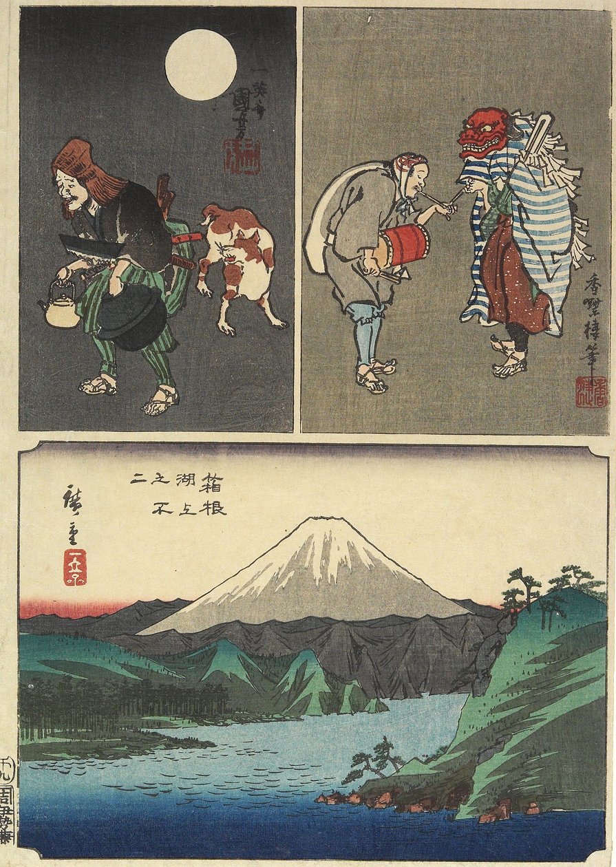 Mt. Fuji set over søen i Hakone og 2 andre billeder, september 1858 af Utagawa Hiroshige