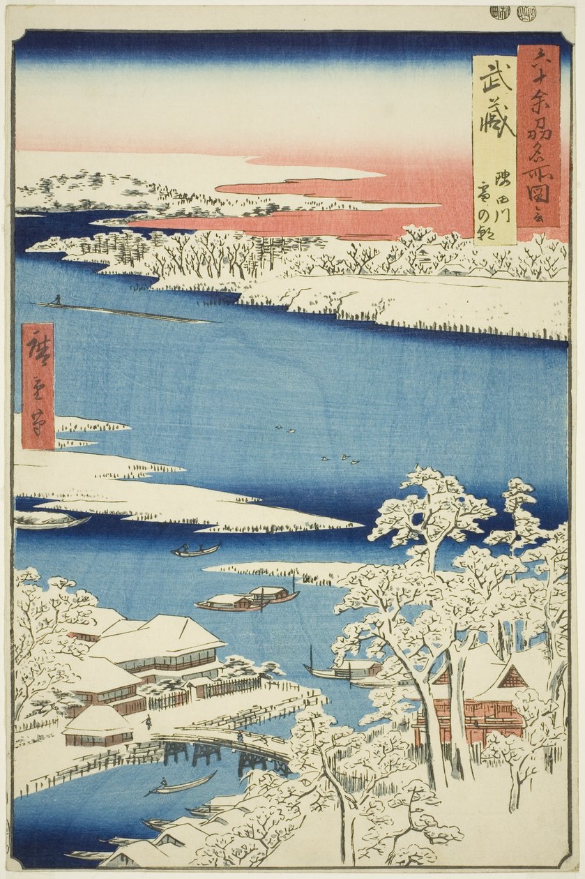 Musashi-provinsen: Morgen efter sne på Sumida-floden (Musashi, Sumidagawa yuki no ashita), fra serien "Famous Places in the Sixty-odd Provinces (Rokujuyoshu meisho zue)" af Utagawa Hiroshige