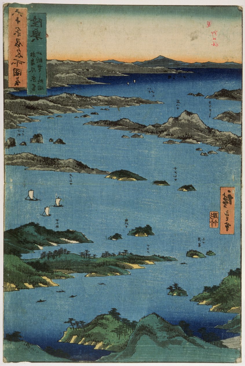 Mutsu-provinsen: Sceneri ved Matsushima, fra serien "Illustrations of Famous Places in the Sixty-odd Provinces", 1853 (farve-træsnit) af Utagawa Hiroshige