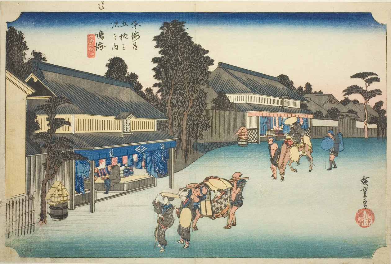Narumi: Famous Tie-dyed Fabrics of Arimatsu (Narumi, meibutsu Arimatsu shibori), fra serien "Fifty-three Stations of the Tokaido (Tokaido gojusan tsugi no uchi)," også kendt som Hoeido Tokaido af Utagawa Hiroshige