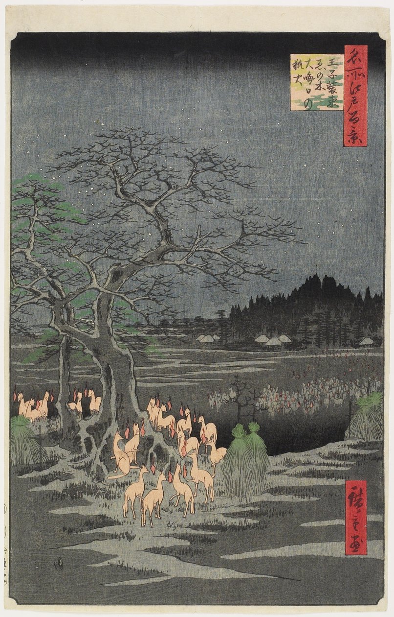 Nytårsaften Foxfires ved Nettle Tree, O_ji, september 1857 af Utagawa Hiroshige