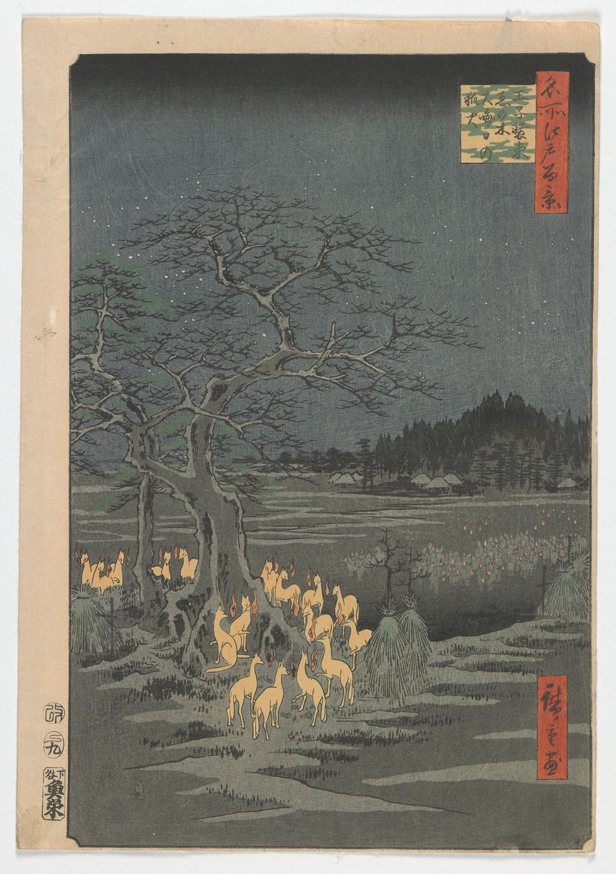 Nytårsaften Foxfires at the Changing Tree, Edo-perioden, 1857 (træblok i farver) af Utagawa Hiroshige