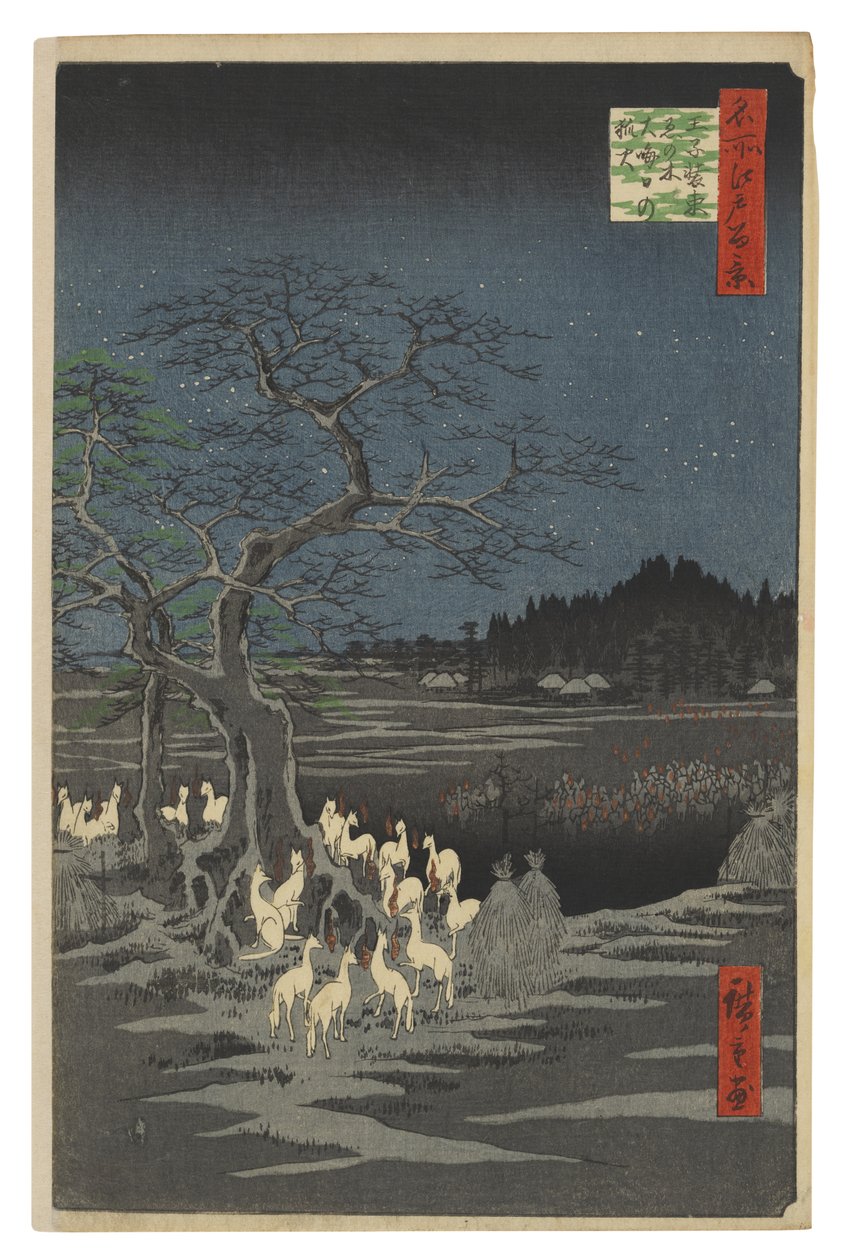 Ræveild på nytårsaften ved Forandringstræet, Ōji af Utagawa Hiroshige