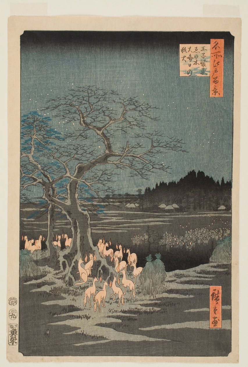 Nytårsaften: Ildsteder ved det skiftende træ i Ōji, fra serien »Hundrede berømte udsigter fra Edo« af Utagawa Hiroshige