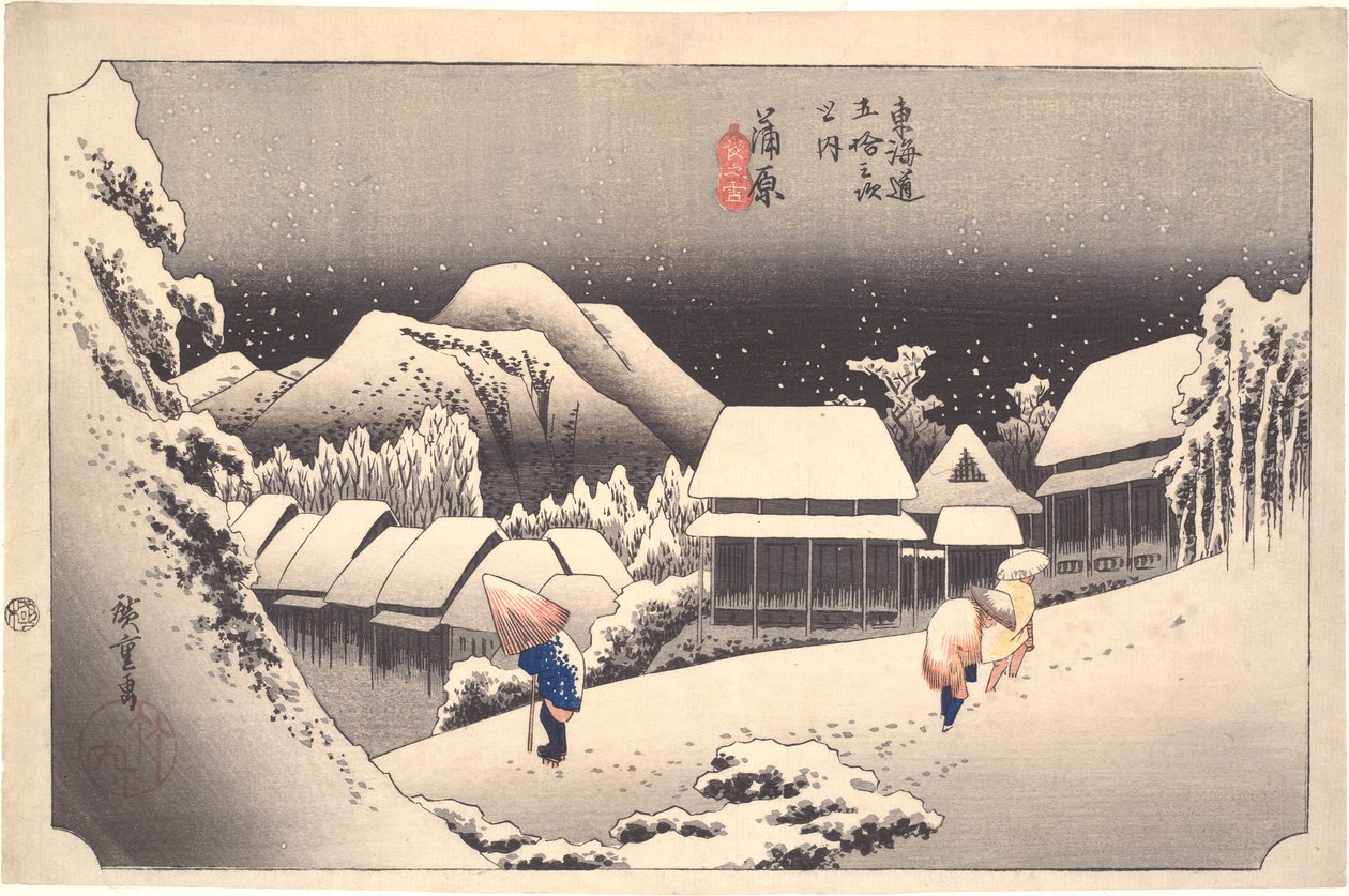 Night Snow at Kambara: Treoghalvtreds Stationer af Tokaido af Utagawa Hiroshige