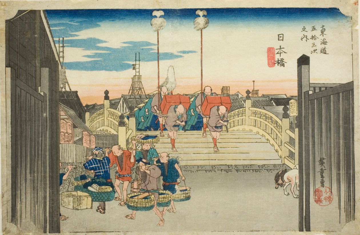 Nihon Bridge: Morning Scene (Nihonbashi, asa no kei), fra serien "Fifty-three Stations of the Tokaido Road (Tokaido gojusan tsugi no uchi)," også kendt som Hoeido Tokaido af Utagawa Hiroshige