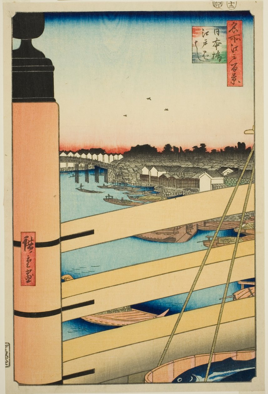 Japan B Ridge Plan d Edo B Ridge (Nihonbashi, Edobashi), fra serien "Ridge dre d fa net s Views of Edo (One Hundred Famous Views of Edo)" af Utagawa Hiroshige