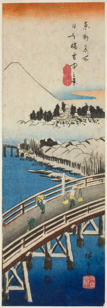 Nihon-broen set i sneen (Nihonbashi setchu no kei), fra serien "Famous Views in the Eastern Capital (Toto meisho)" af Utagawa Hiroshige