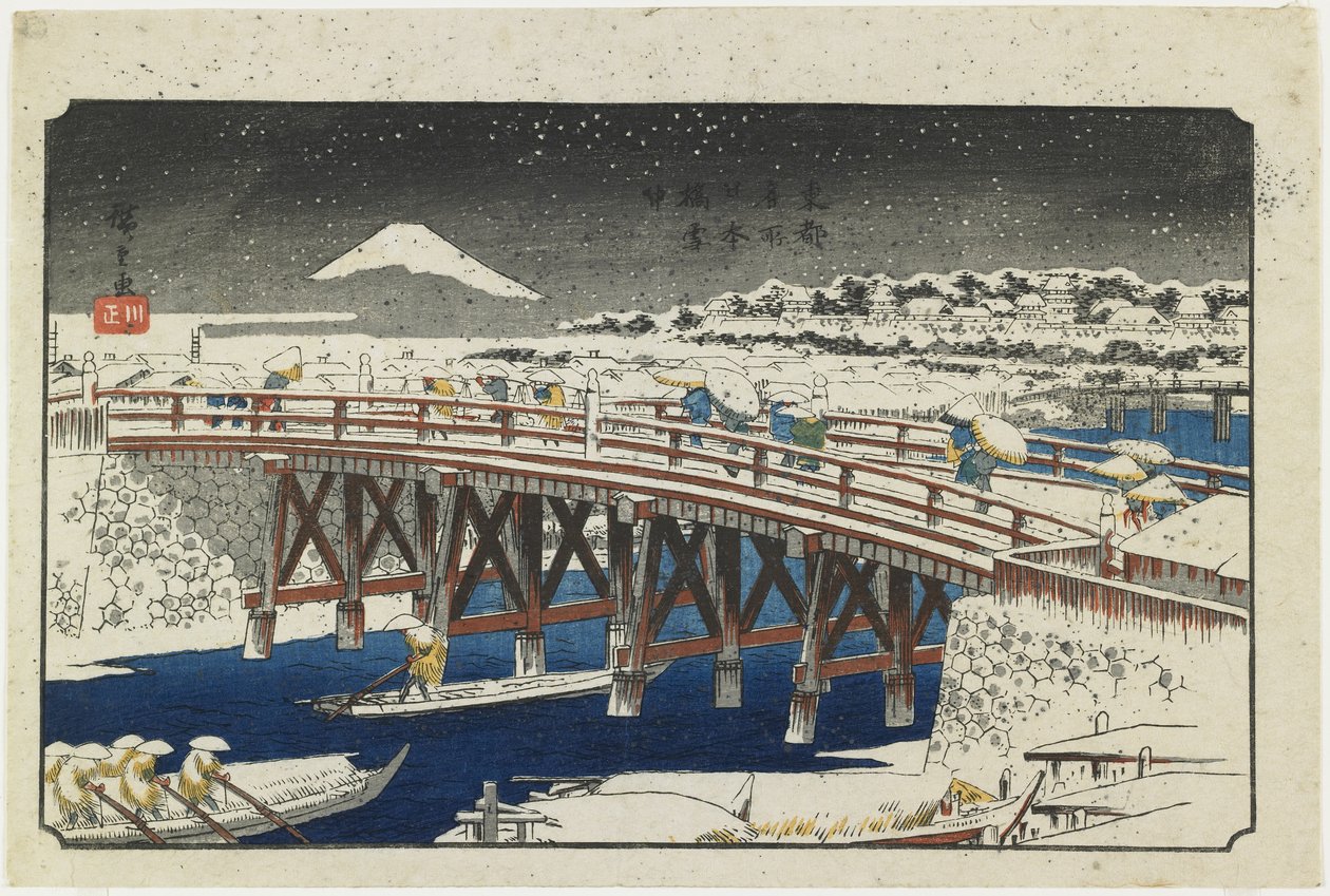Nihonbashi-broen i sne, 1839-1842 af Utagawa Hiroshige