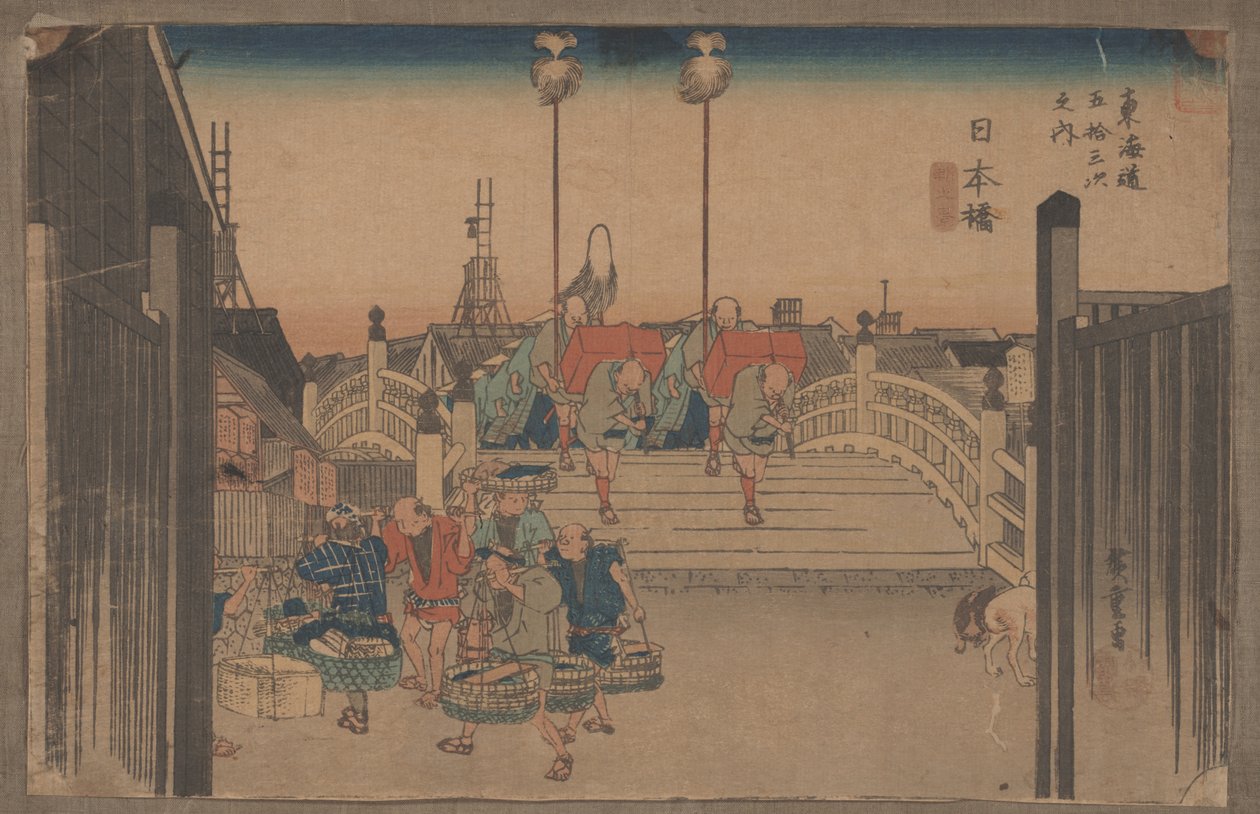 Nr. 1 "Nihonbashi: Morgenscene" Fra serien 53 stationer på Tokaido af Utagawa Hiroshige