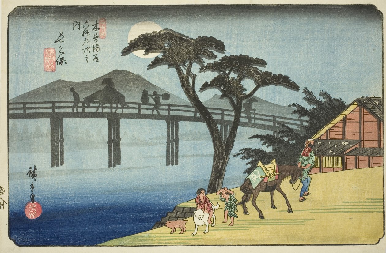 af. 28: Nagakubo, fra serien "Shi x ty-nine S ta ons of the kisokaid (Kisokaidorokujukyutsugi no Uchi)" af Utagawa Hiroshige