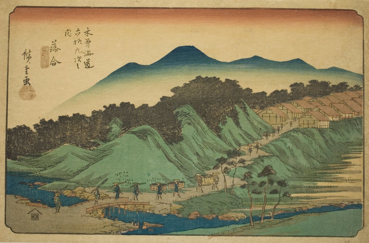 af. 45: Ochiai, fra Te-seriens "Shi x t y ne s ta on s of te kisokaid (kisokaido rokujukyu tsugi no uchi)" af Utagawa Hiroshige