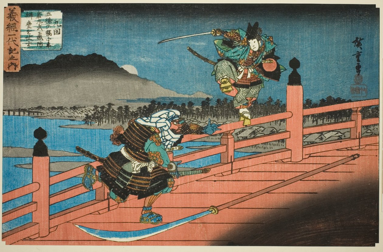 Nr. 9: Ushiwakamaru besejrer Musashibo Benkei ved Gojo Bridge (Kyukai, Gojo no hashi ni Ushiwakamaru Musashibo Benkei o fusu), fra serien "The Life of Yoshitsune (Yoshitsune ichidaiki no uchi)" af Utagawa Hiroshige