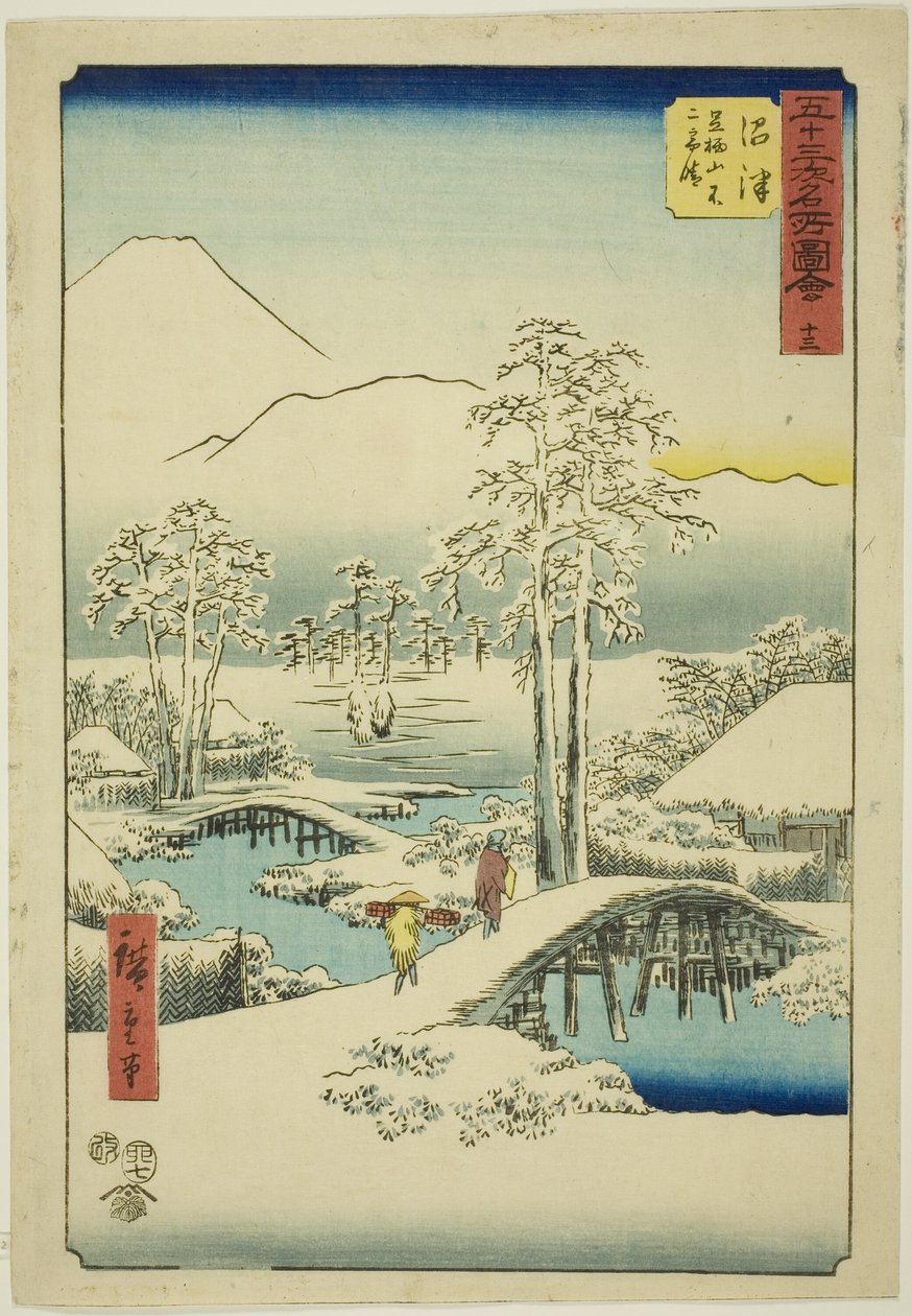 Numazu: Mount Fuji og Mount Ashigara i klart vejr efter sne, nr. 13 (Numazu, Ashigarayama Fuji no yukibare), fra serien "Famous Sights of the Fifty-tre Stations (Gojusan tsugi meisho zue)," også kendt som den vertikale tokaido af Utagawa Hiroshige
