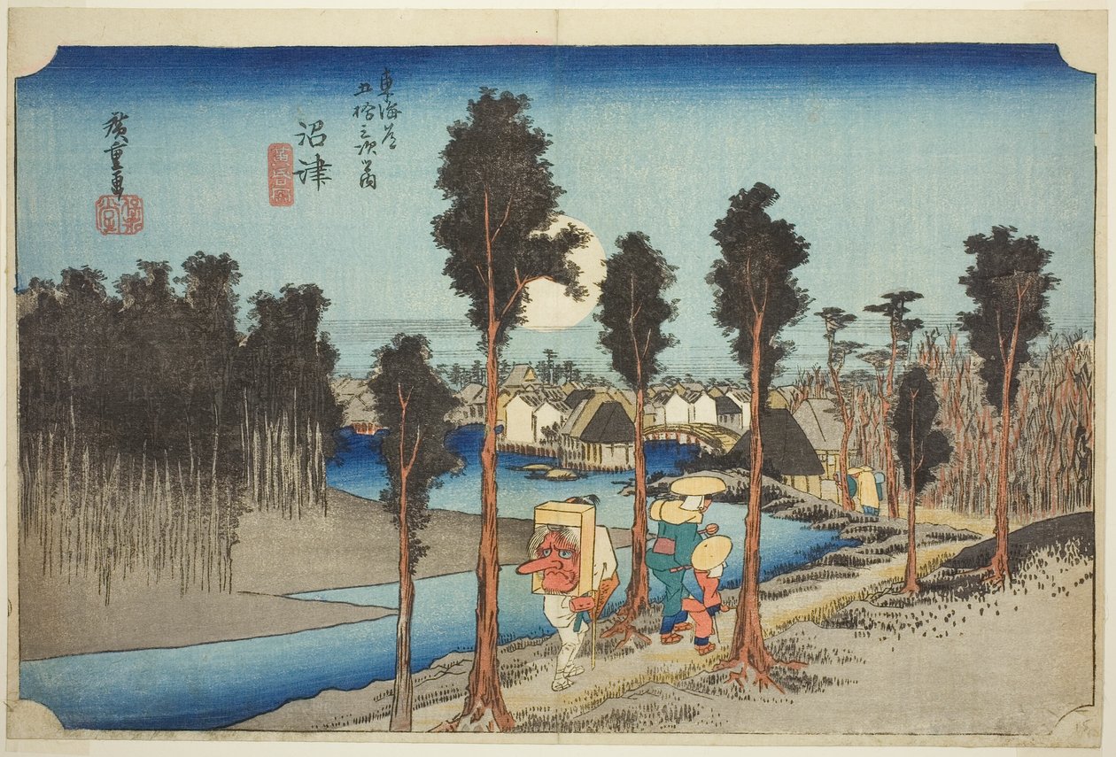Numazu: Twilight (Numazu, tasogare zu), fra serien "Fifty-three Stations of the Tokaido Road (Tokaido gojusan tsugi no uchi)," også kendt som Hoeido Tokaido af Utagawa Hiroshige