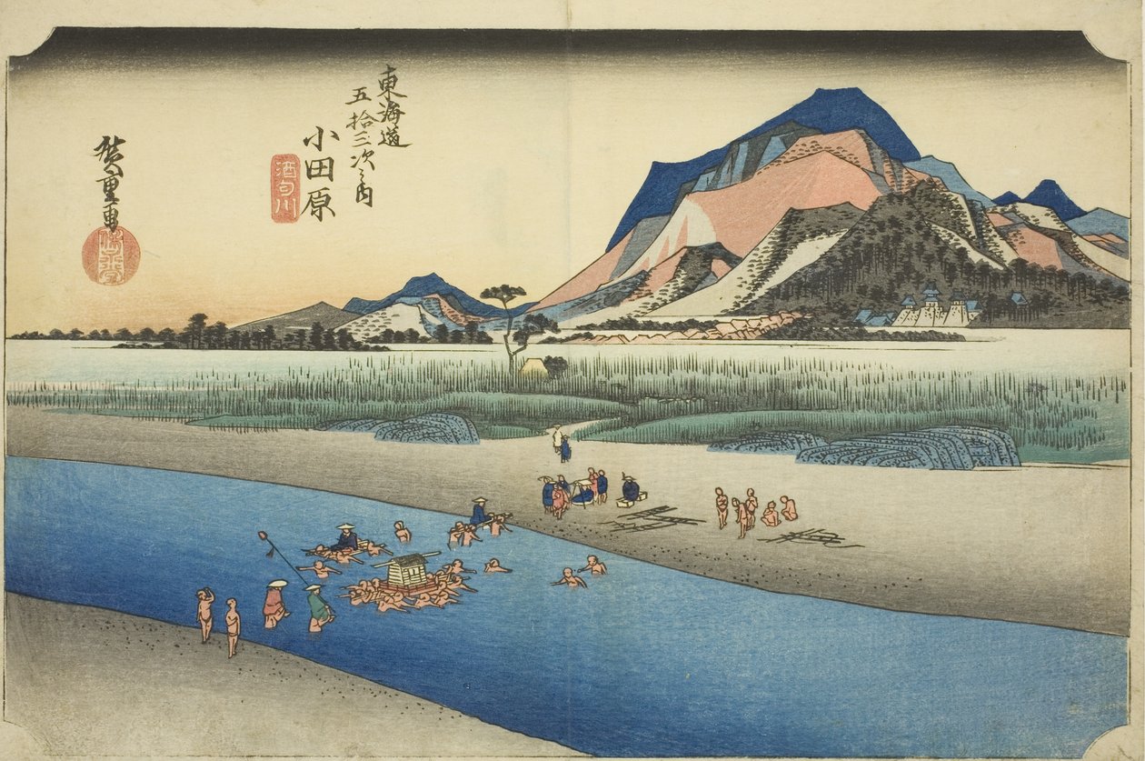 Odawara: Sakawa-floden (Odawara, Sakawagawa), fra serien "Fifty-three Stations of the Tokaido Road (Tokaido gojusan tsugi no uchi)," også kendt som Hoeido Tokaido af Utagawa Hiroshige