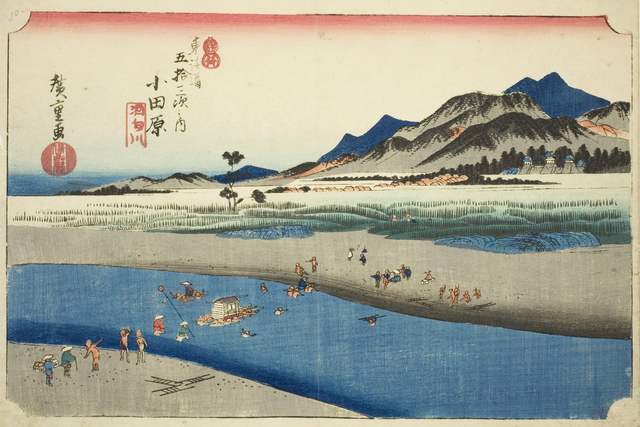 Odawara: Sakawa-floden (Odawara, Sakawagawa), fra serien "Fifty-three Stations of the Tokaido Road (Tokaido gojusan tsugi no uchi)," også kendt som Hoeido Tokaido af Utagawa Hiroshige