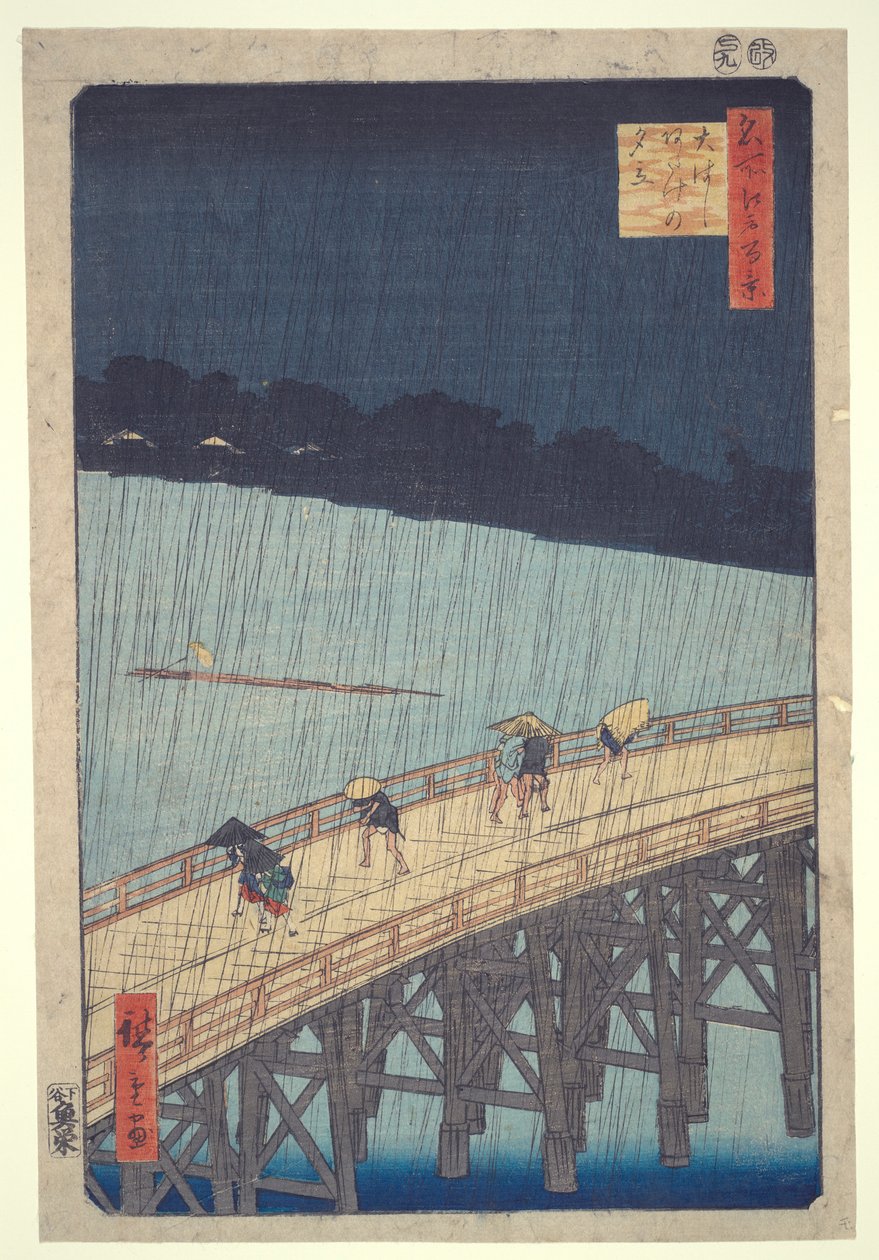Ohashi Bridge, Sudden Shower at Atake, fra serien One Hundred Famous Views of Edo af Utagawa Hiroshige