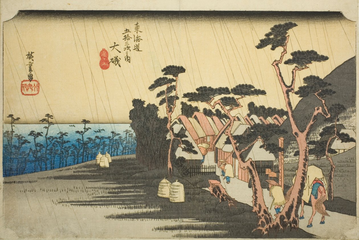 Oiso: Toras regn (Oiso, Tora ga ame), fra serien "Treoghalvtreds stationer på Tokaido-vejen (Tokaido gojusan tsugi no uchi)", også kendt som Hoeido Tokaido af Utagawa Hiroshige