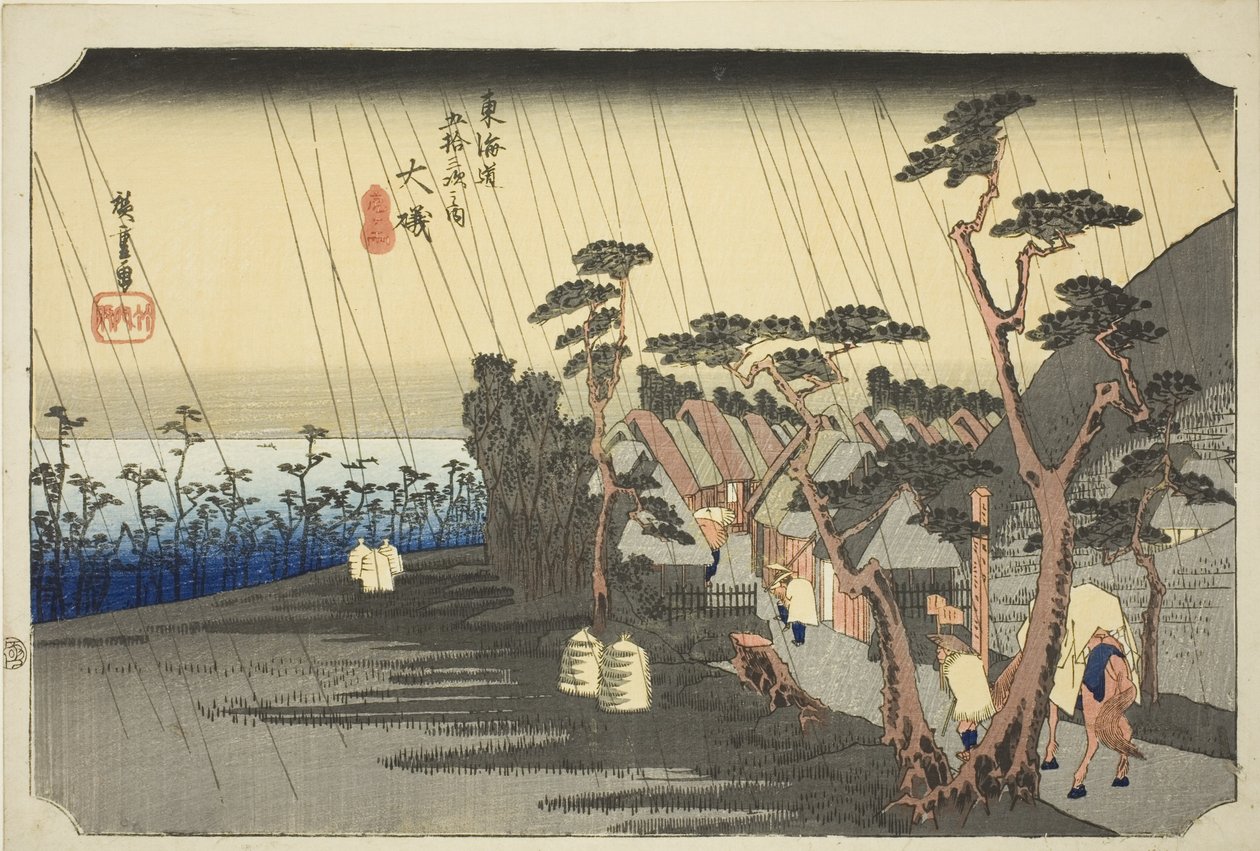 Oiso: Toras regn (Oiso, Tora ga ame), fra serien "Treoghalvtreds stationer på Tokaido-vejen (Tokaido gojusan tsugi no uchi)", også kendt som Hoeido Tokaido af Utagawa Hiroshige