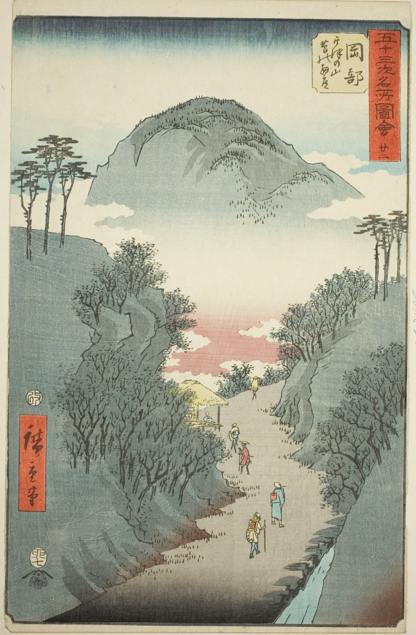 Okabe: Smal efeu-dækket vej ved Mount Utsu (Okabe, Utsu no yama tsuta no hosomichi), nr. 22 fra serien "Famous Sights of the Fifty-tre Stations (Gojusan tsugi meisho zue)," også kendt som den lodrette Tokaido af Utagawa Hiroshige
