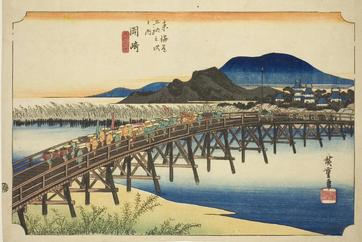 Okazaki: Yahagi Bridge (Okazaki, Yahagi no hashi), fra serien "Fifty-three Stations of the Tokaido (Tokaido gojusan tsugi no uchi)," også kendt som Hoeido Tokaido af Utagawa Hiroshige