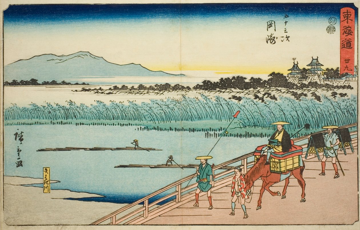 Okazaki: Yahagi River (Okazaki, Yahagigawa)—Nr. 39, fra serien "Fifty-three Stations of the Tokaido (Tokaido gojusan tsugi)," også kendt som Reisho Tokaido af Utagawa Hiroshige
