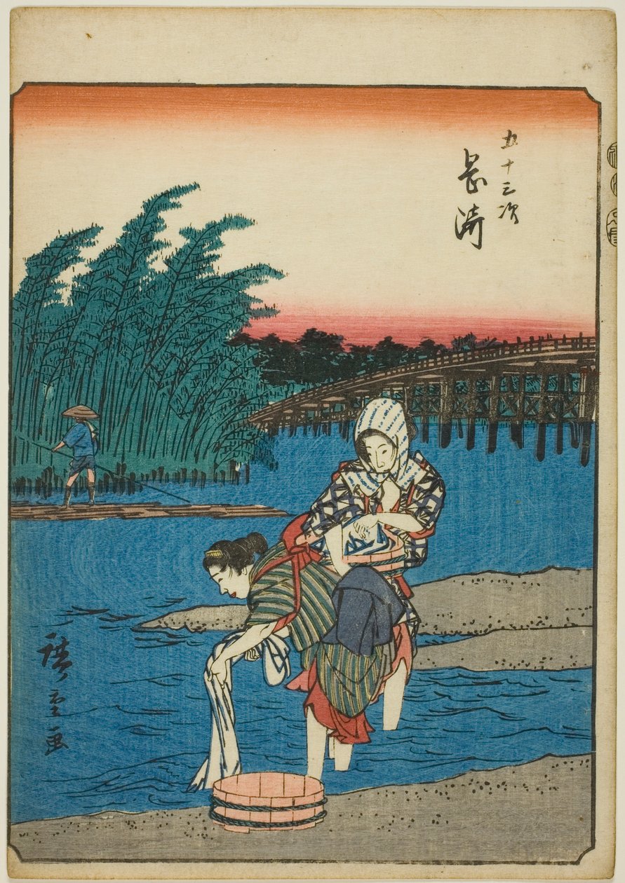Okazaki, fra seriens "fifty-tre S tachi-lyd s "of te urbanity" (goshuyama næste) ) af Utagawa Hiroshige