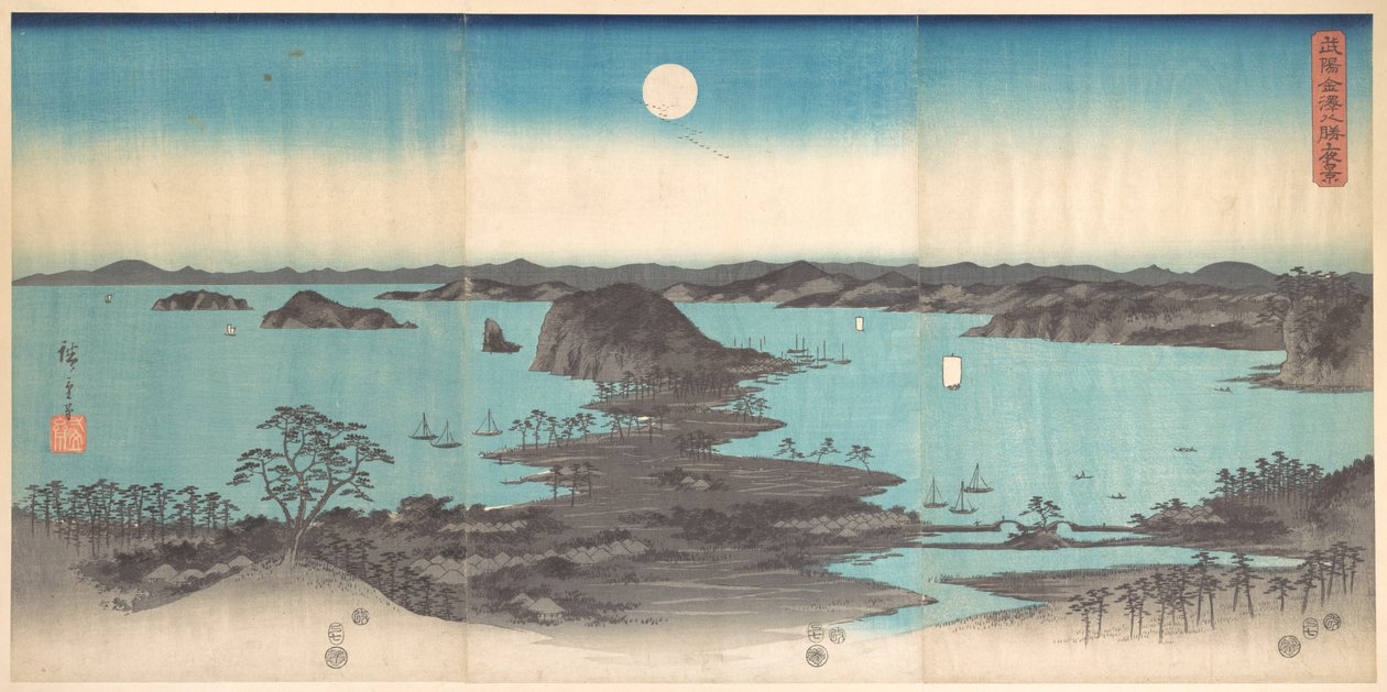 Panorama over de otte udsigter over Kanazawa i fuldmåne af Utagawa Hiroshige