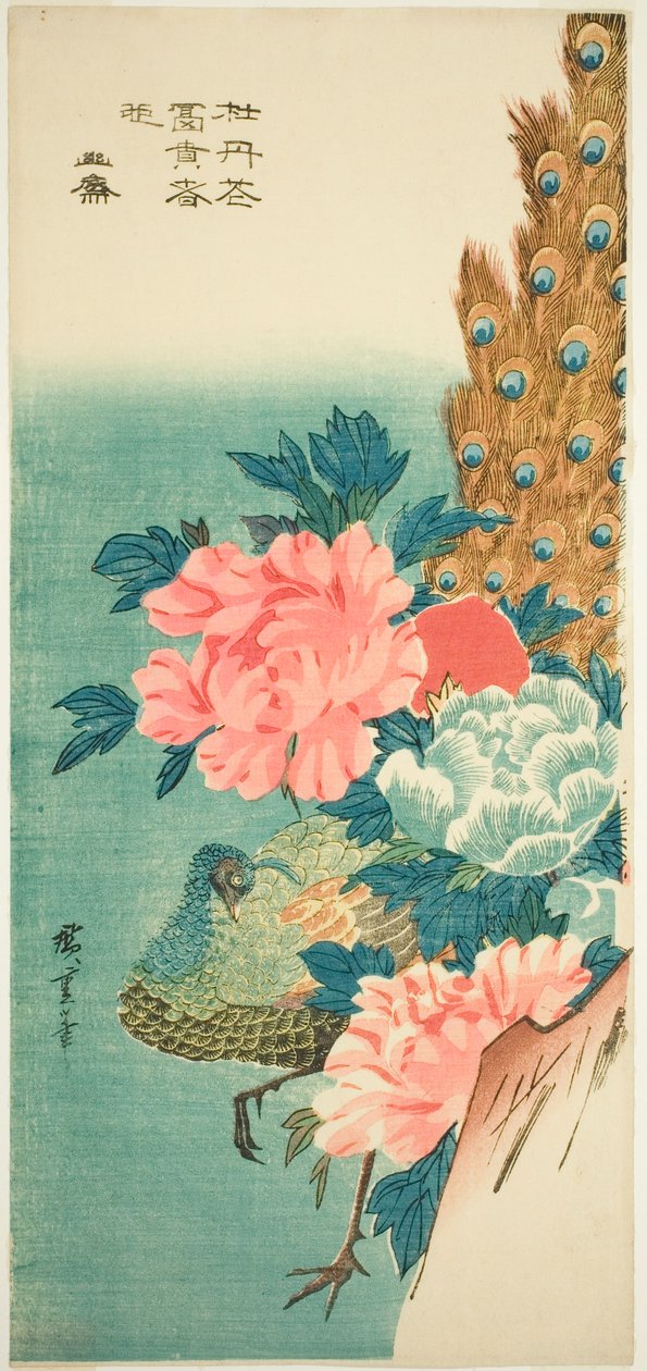 Påfugl og pæoner af Utagawa Hiroshige