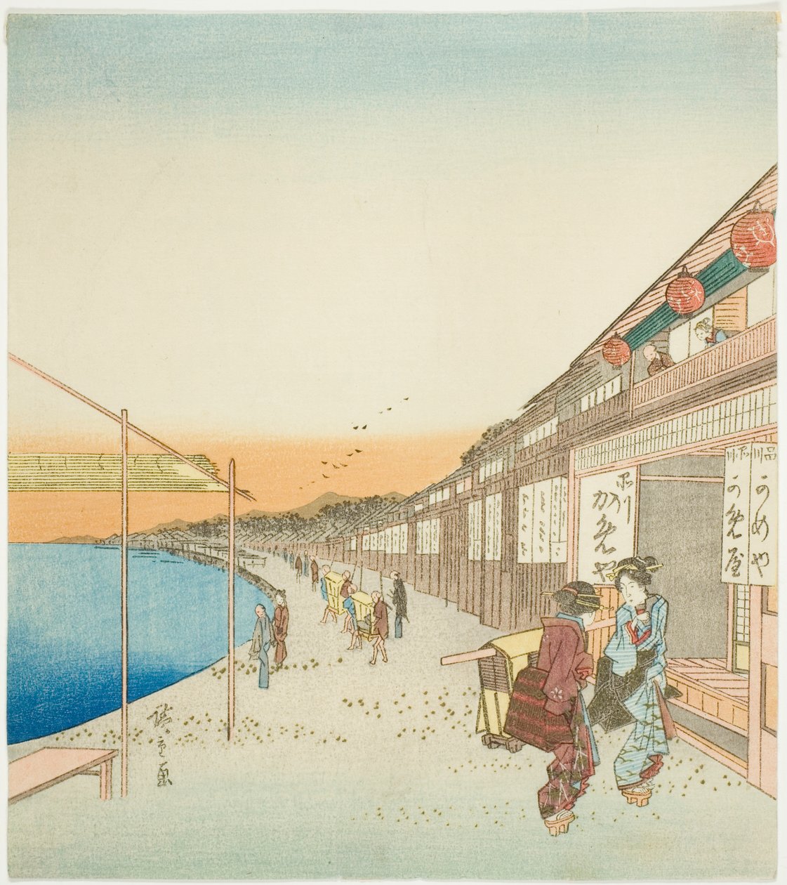 Fodgængere og butikker ved havnen i Shinagawa af Utagawa Hiroshige