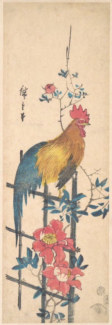 Pfingstrose und Hahn af Utagawa Hiroshige