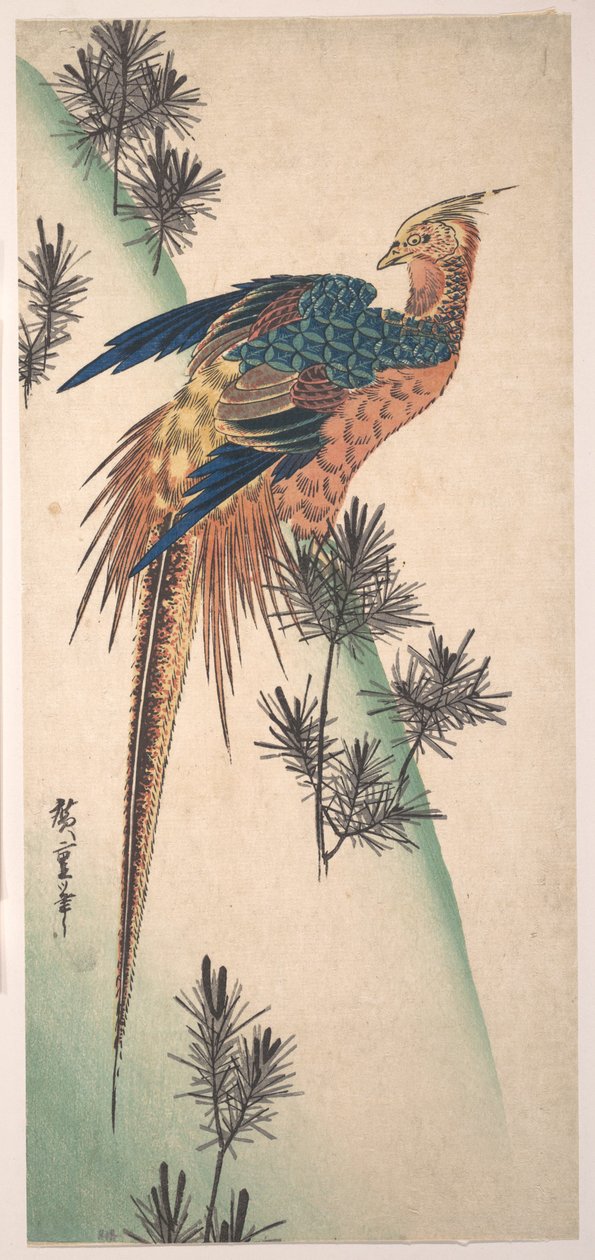 Fasan og fyrretræer på en snedækket bjergskråning af Utagawa Hiroshige